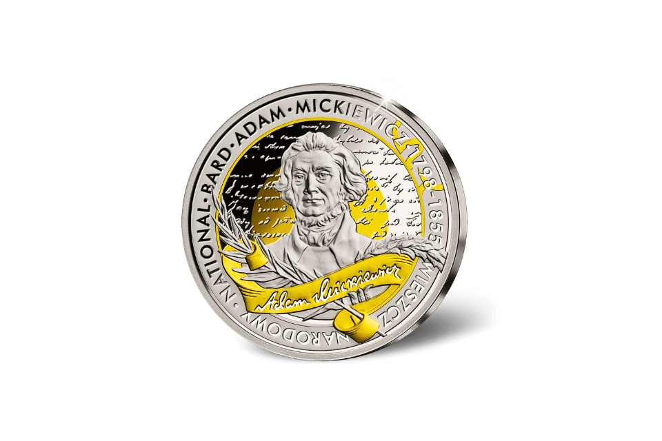 The Giants of Poland • #6 Adam Mickiewicz (1798-1855) • 1 Ounce .999 Silver Proof • 45 mm • 24-ct Gold Accents