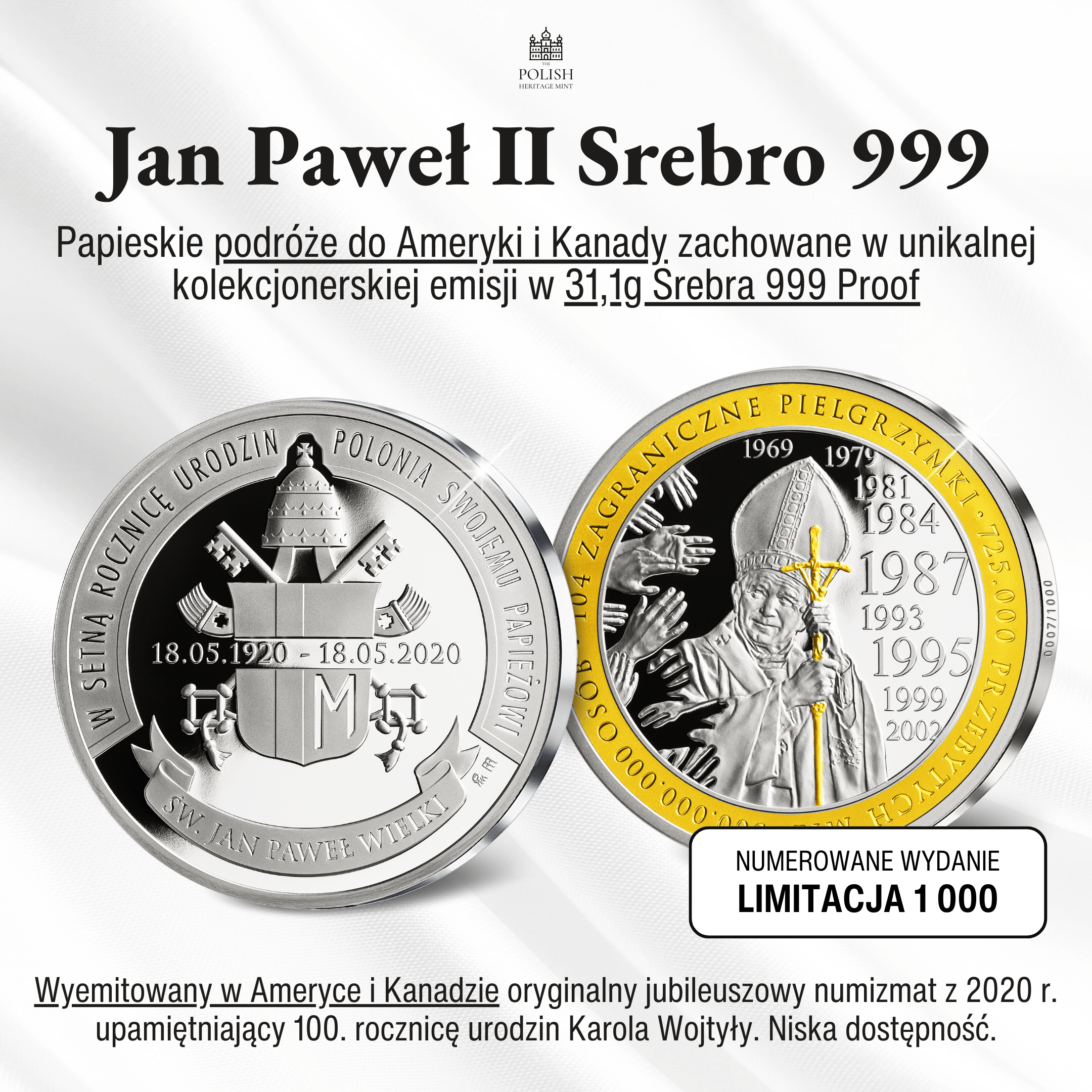 Jan Paweł II • 100 Rocznica urodzin • Medal okolicznościowy • 1 uncja Srebra 999 • 45 mm • 24-k Złoty plater (Oferta uprzywilejowana P/I)