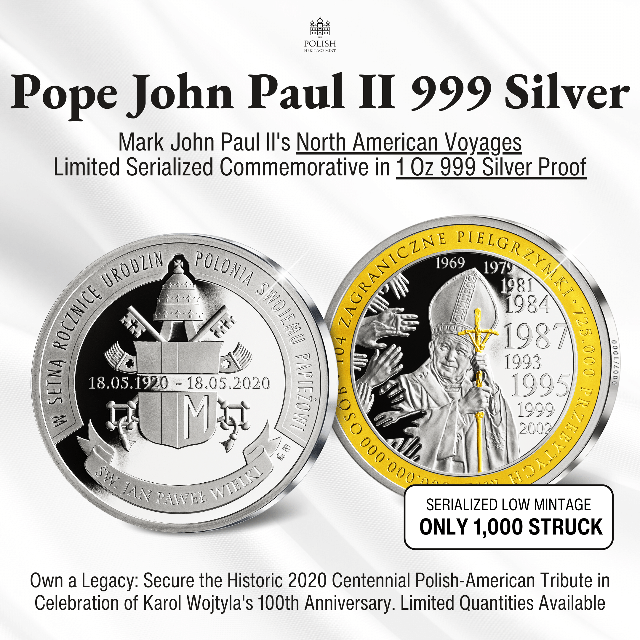 Jan Paweł II • 100 Rocznica urodzin • Medal okolicznościowy • 1 uncja Srebra 999 • 45 mm • 24-k Złoty plater (Oferta uprzywilejowana)