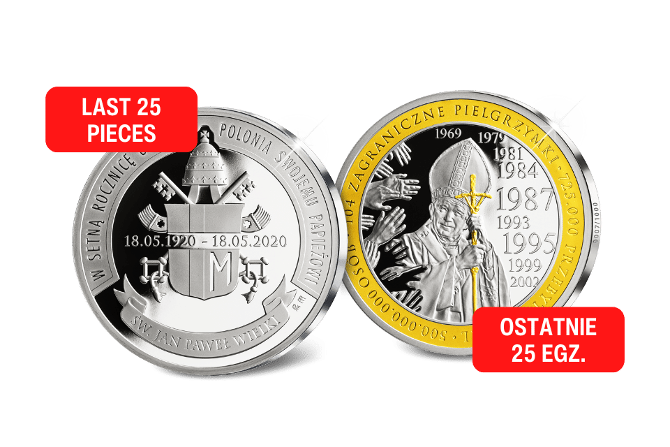 John Paul II • 100 Year Anniversary Commemorative • 1 Ounce .999 Silver Proof • 45 mm • 24-ct Gold Accents (Member-Only Offer P/I)