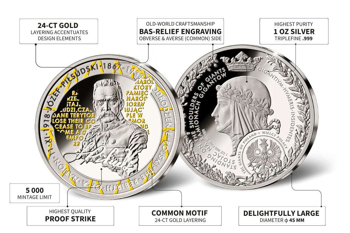 The Giants of Poland • #1 Józef Piłsudski (1867-1935) • 1 Ounce .999 Silver Proof • 45 mm • 24-ct Gold Accents